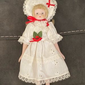Porcelain Doll Baxter & Smythe 8 Inch Girl in White Holiday eyelet lace dress